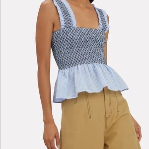 Ganni Beacon Smocked Seersucker Top